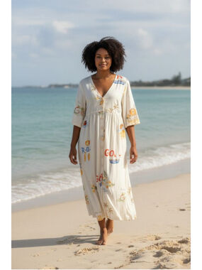 Unbranded Beige Multi-color Beach Print Maxi Dress M